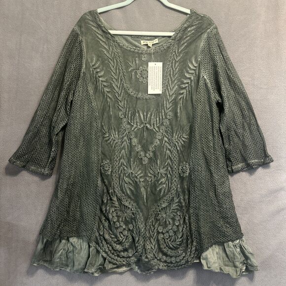 NWT Indigo Thread Tunic Top Mesh Embroidered 1X Green Forest Fairy Boho - Picture 1 of 7